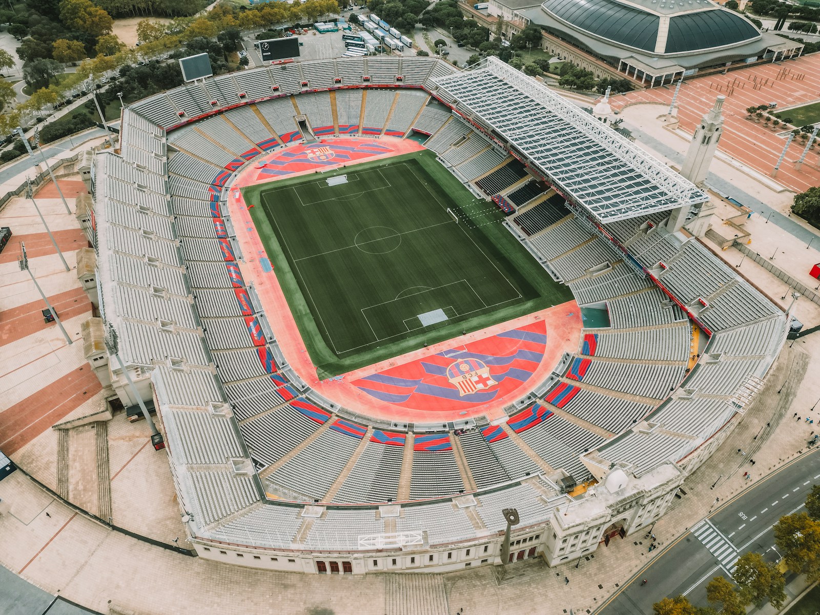 A real aerial photograph of a football stadium and its pitch